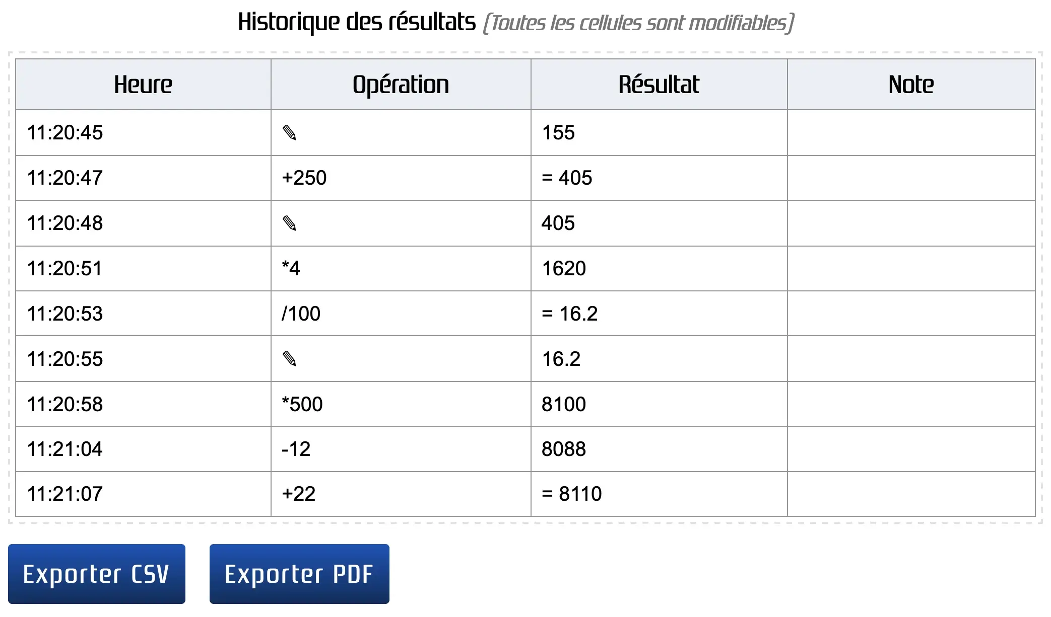 Historique des résultats pour une calculette en ligne