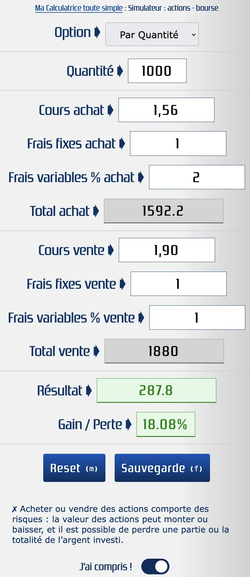 Calculer rapidement une opération en bourse