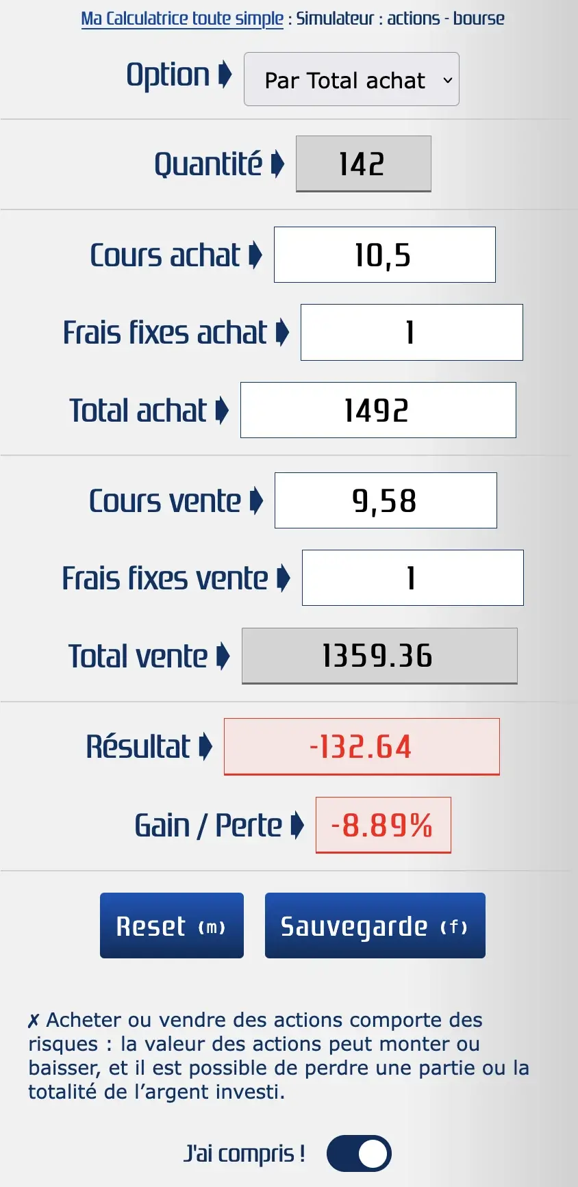 Opération boursière : perte